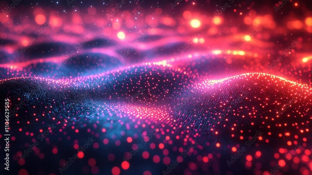 A vibrant, abstract landscape of glowing particles and waves, creating a mesmerizing visual effect with rich colors and depth. A vibrant, abstract landscape of glowing particles and waves, creating a mesmerizing visual effect with rich colors and depth.