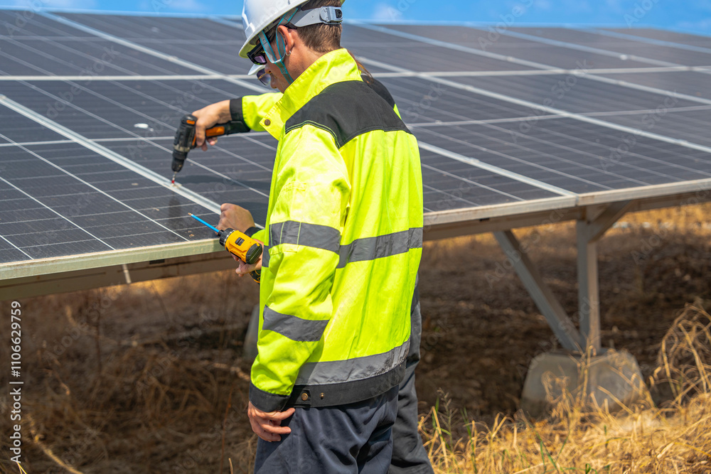 Team engineers in a high visibility jacket performs an inspection on the underside of a solar panel installation at a solar farm, emphasizing renewable energy infrastructure under bright skies. Team engineers in a high visibility jacket performs an inspection on the underside of a solar panel installation at a solar farm, emphasizing renewable energy infrastructure under bright skies.