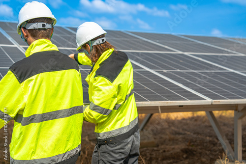 Team engineers in a high visibility jacket performs an inspection on the underside of a solar panel installation at a solar farm, emphasizing renewable energy infrastructure under bright skies.