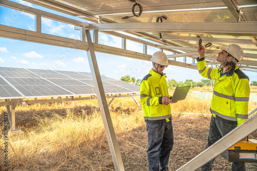 Wallpaper Mural Two technicians in high visibility jackets and helmets are inspecting the underside of solar panels at a solar farm. One holds a drill, while the other uses a laptop for analysis and reporting. Torontodigital.ca