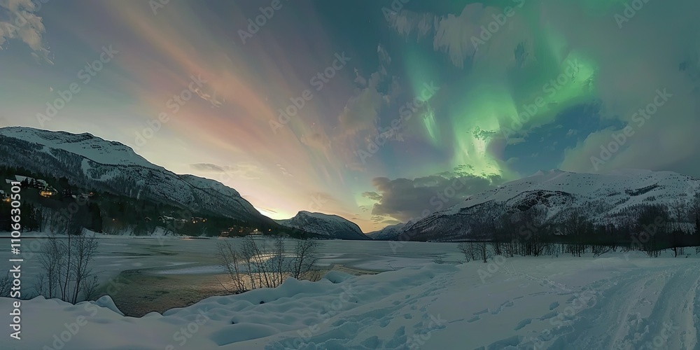 Naklejka premium A majestic view of the northern lights dancing over a tranquil fjord, with snow slowly melting on the surrounding peaks and soft spring hues illuminating the landscape. 