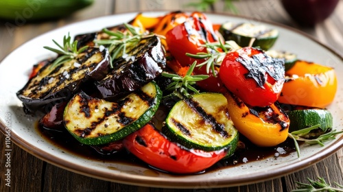 A mouthwatering plate of grilled vegetables including zucchini, bell peppers, and eggplant