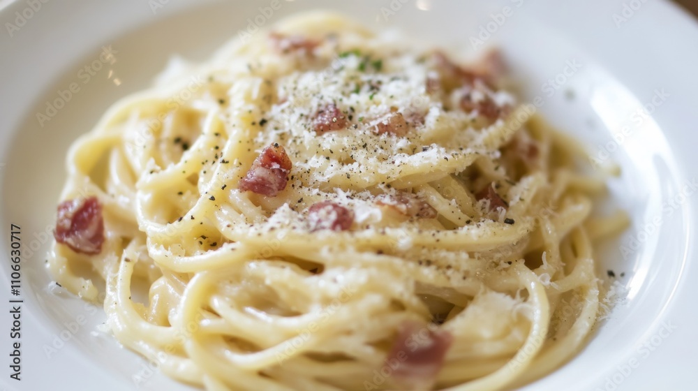 A mouthwatering plate of homemade spaghetti carbonara tossed with crispy pancetta, egg yolks, and Parmesan cheese A mouthwatering plate of homemade spaghetti carbonara tossed with crispy pancetta, egg yolks, and Parmesan cheese