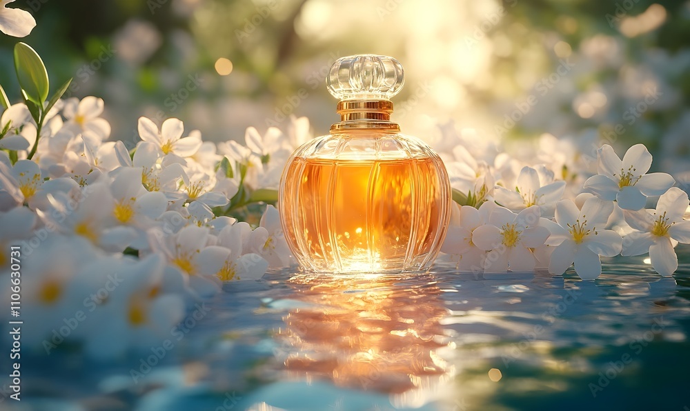 A perfume bottle with jasmine flowers on water in yellow and sapphire evokes serenity and grandeur A perfume bottle with jasmine flowers on water in yellow and sapphire evokes serenity and grandeur