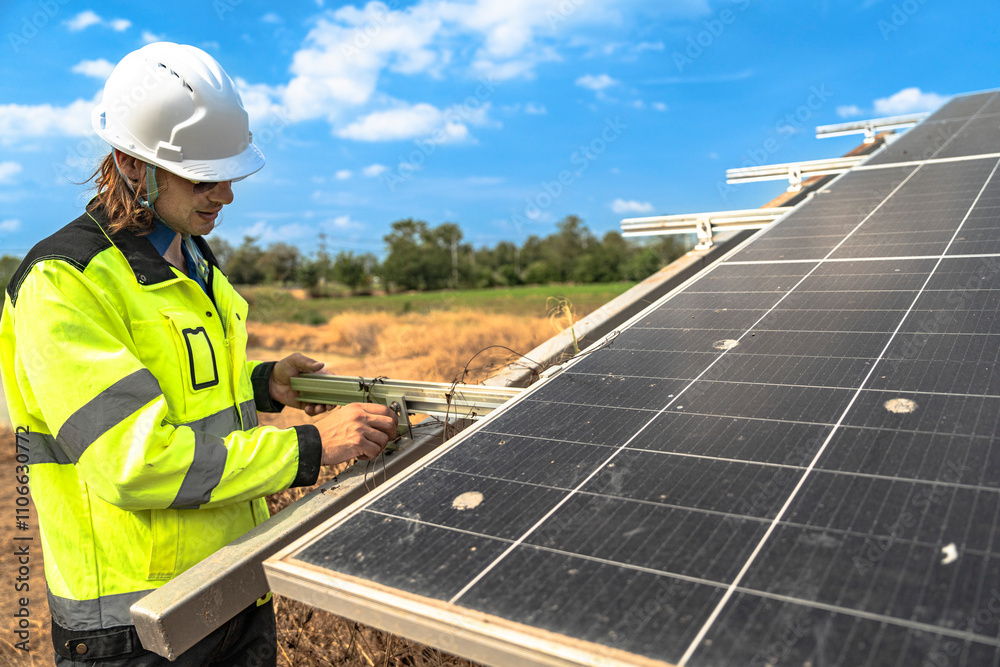 A solar technician in a high-visibility jacket and helmet stands next to a solar panel, with a serene landscape featuring a pond and distant greenery under a partly cloudy sky. A solar technician in a high-visibility jacket and helmet stands next to a solar panel, with a serene landscape featuring a pond and distant greenery under a partly cloudy sky.