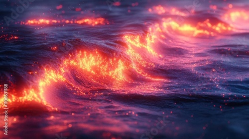 A mesmerizing view of glowing waves  illuminated in vibrant orange hues  creating a captivating contrast against the dark water.