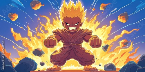 A fiery character in a dynamic pose, surrounded by flames and rocks, exuding power and intensity.
