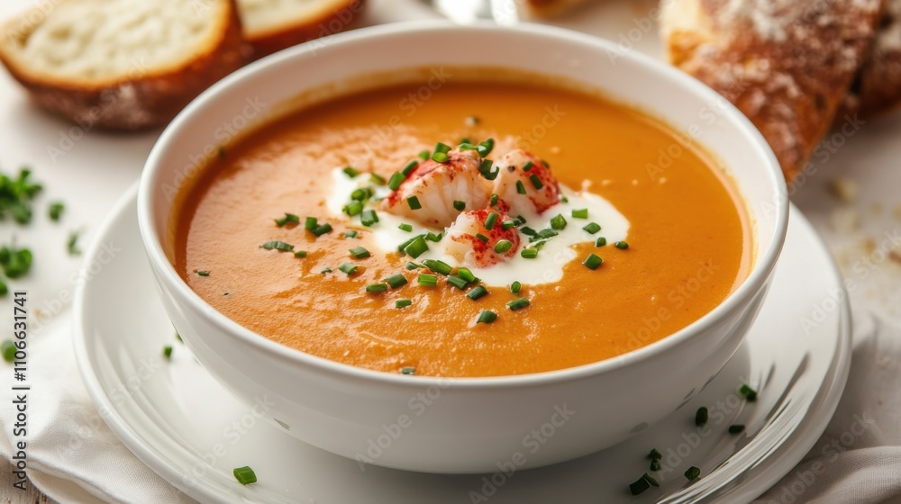 A mouthwatering plate of lobster bisque soup garnished with a drizzle of cream and chopped chives, Bisque plate centered, Soft natural light accentuating the richness of the soup A mouthwatering plate of lobster bisque soup garnished with a drizzle of cream and chopped chives, Bisque plate centered, Soft natural light accentuating the richness of the soup