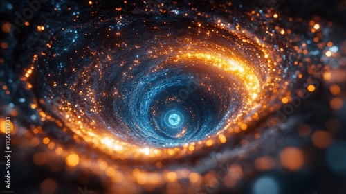 A mesmerizing spiral galaxy with vibrant blue and orange hues, showcasing a cosmic whirlpool filled with shimmering stars and deep space elements.