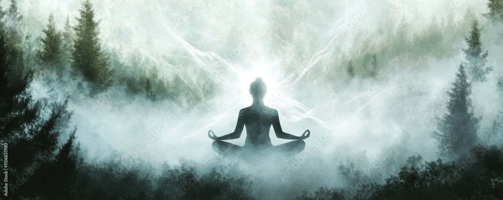 A meditative figure surrounded by mist and trees, embodying tranquility and spiritual energy. A meditative figure surrounded by mist and trees, embodying tranquility and spiritual energy.