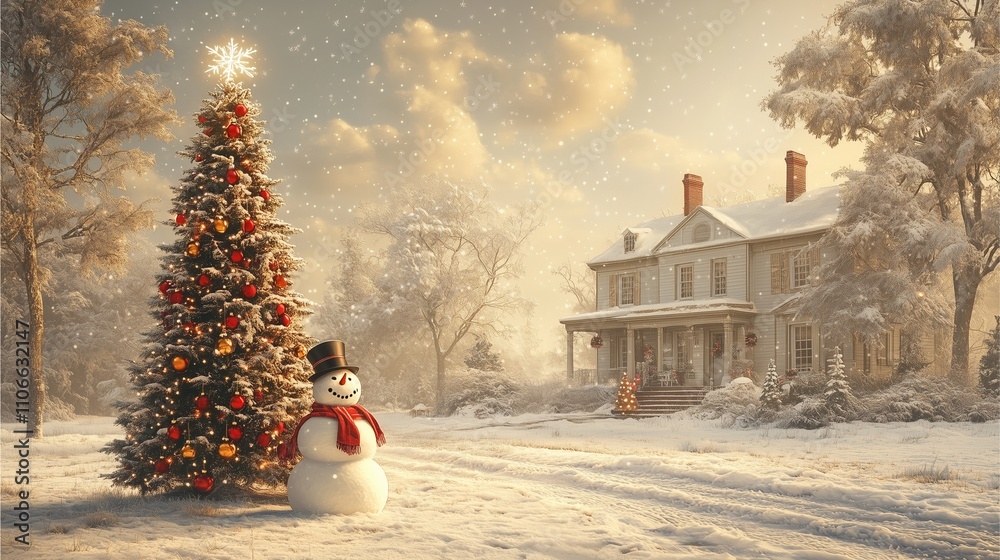 Fototapeta premium A snowy Christmas tree with a cheerful snowman in a winter holiday scene