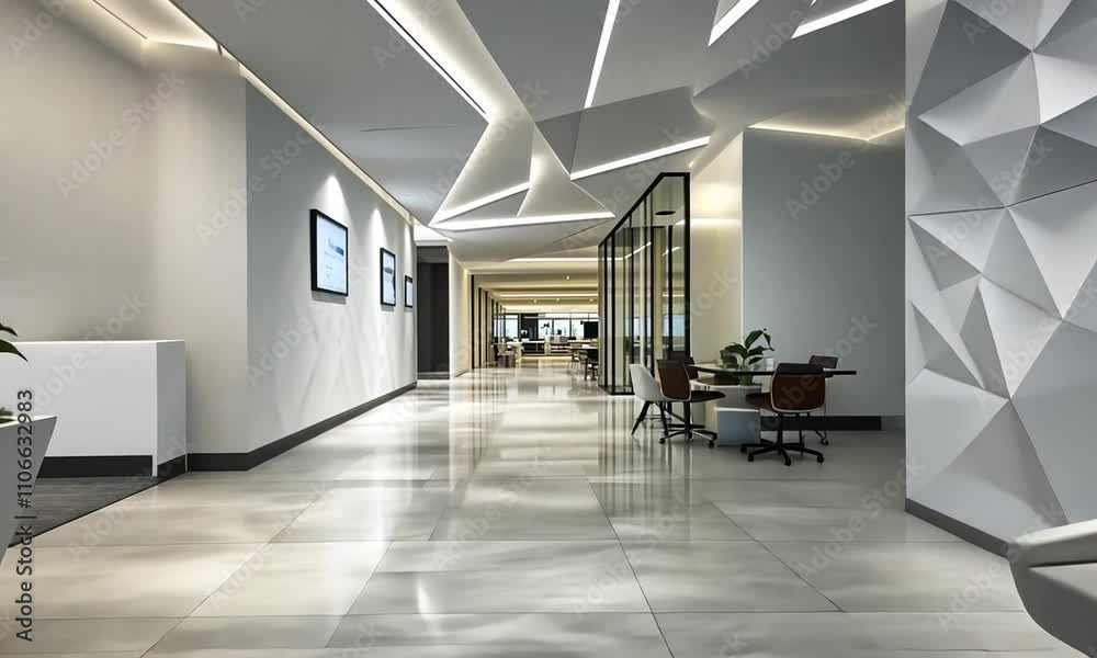 Modern office interior featuring a sleek hallway, seating area, and decorative plants.