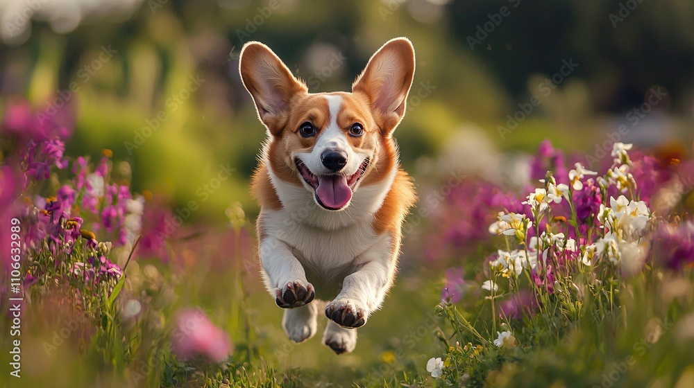 Joyful Pembroke Welsh Corgi Running Through a Field of Flowers