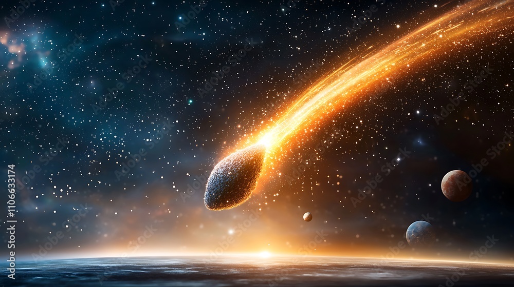 Obraz premium The vivid image depicts a dazzling comet streaking through the vast cosmos in 2025, surrounded by shimmering planets and stars, creating a mesmerizing and futuristic scene to celebrate the new year
