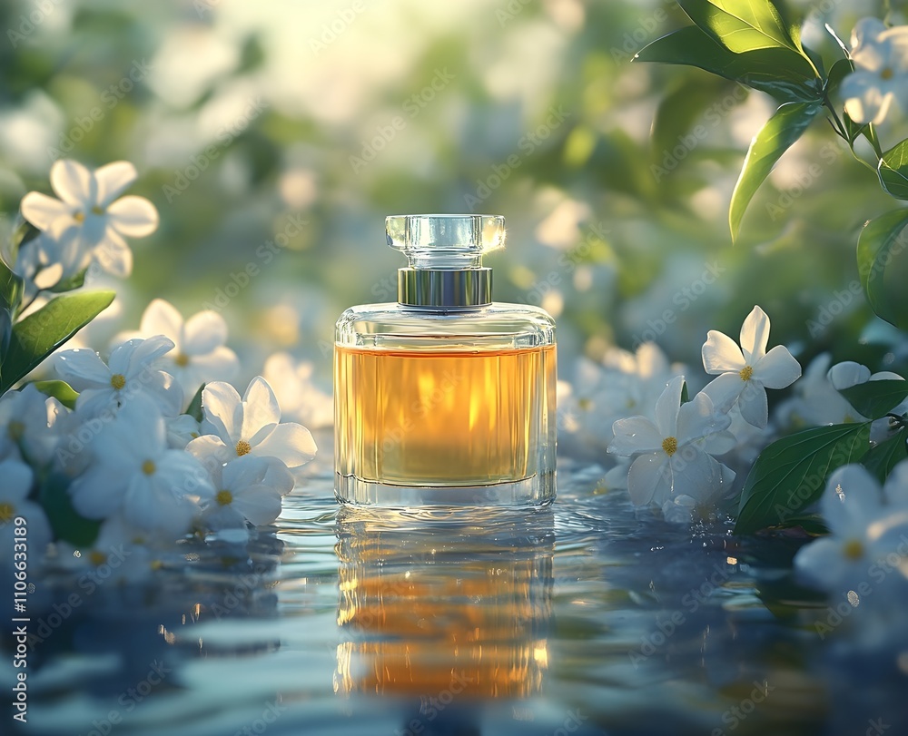 A perfume bottle with jasmine flowers on water in yellow and sapphire evokes serenity and grandeur A perfume bottle with jasmine flowers on water in yellow and sapphire evokes serenity and grandeur
