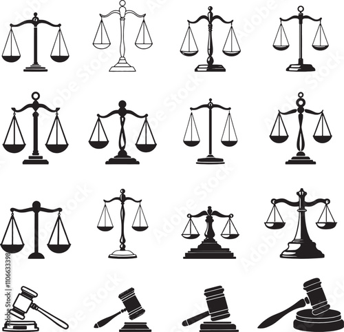 Set of Scale of justice and court gavel icon