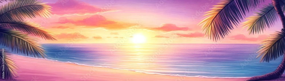 A serene beach sunset with vibrant colors and palm trees framing the view. A serene beach sunset with vibrant colors and palm trees framing the view.