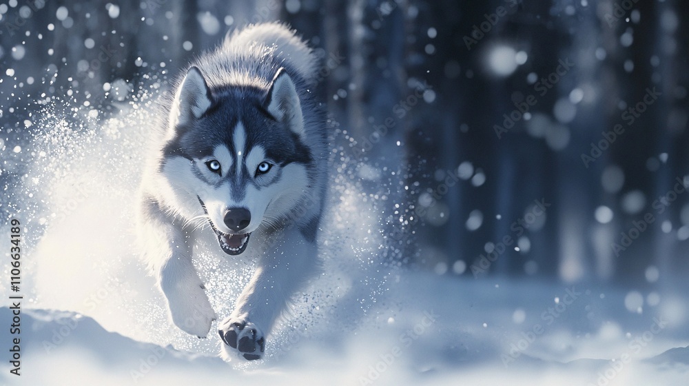 Majestic Siberian Husky Running Through Snowy Forest