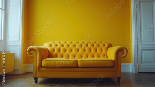 Yellow Chesterfield Sofa Against Yellow Wall photo