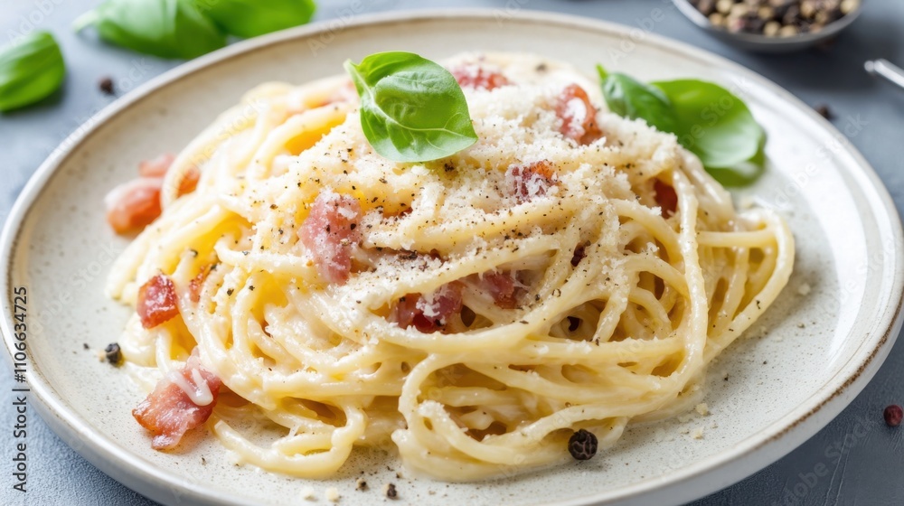 A mouthwatering plate of spaghetti carbonara with crispy pancetta, tossed in a creamy egg sauce with grated Parmesan cheese, Carbonara plate centered A mouthwatering plate of spaghetti carbonara with crispy pancetta, tossed in a creamy egg sauce with grated Parmesan cheese, Carbonara plate centered