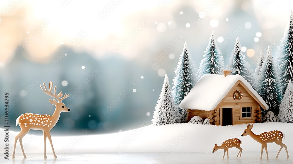 A festive Christmas greeting card featuring a whimsical winter scene of a cozy cabin nestled among snow covered pine trees, with a family of deer gently grazing in the foreground. A festive Christmas greeting card featuring a whimsical winter scene of a cozy cabin nestled among snow covered pine trees, with a family of deer gently grazing in the foreground.