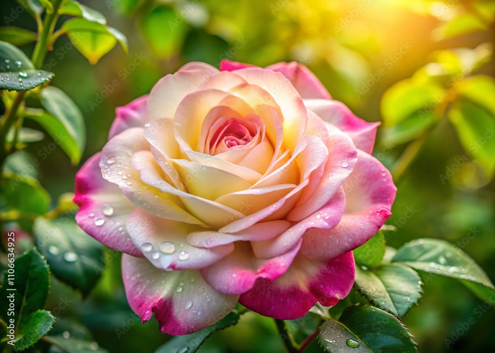 Candid Photography of a Pink and White Rose in a Morning Garden, Capturing the Beauty of Nature's Blooming Flowers in a Serene Setting Candid Photography of a Pink and White Rose in a Morning Garden, Capturing the Beauty of Nature's Blooming Flowers in a Serene Setting