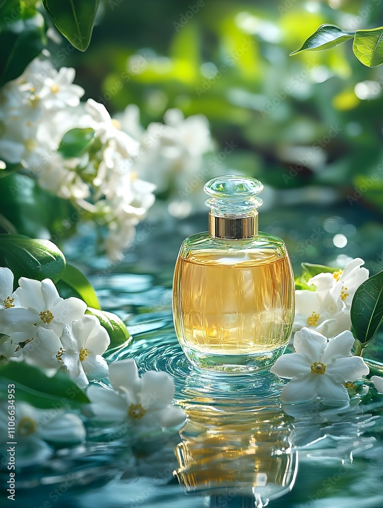 A perfume bottle with jasmine flowers on water in yellow and sapphire evokes serenity and grandeur A perfume bottle with jasmine flowers on water in yellow and sapphire evokes serenity and grandeur