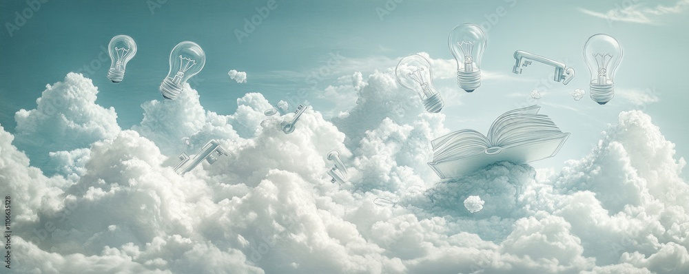 An imaginative scene with clouds, an open book, light bulbs, and keys, symbolizing creativity. An imaginative scene with clouds, an open book, light bulbs, and keys, symbolizing creativity.
