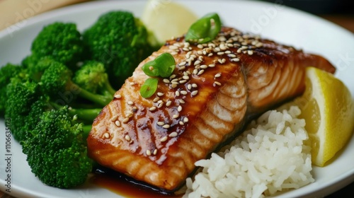 A mouthwatering plate of teriyaki salmon served with jasmine rice and steamed broccoli, Teriyaki salmon plated elegantly with sesame seeds sprinkled on top, Soy sauce drizzled for seasoning