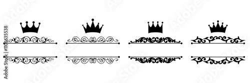 Elegant royal swirls with crown, Victorian Scrolls decorative elements, vintage calligraphic lines text dividers, premium luxury crown elements	
