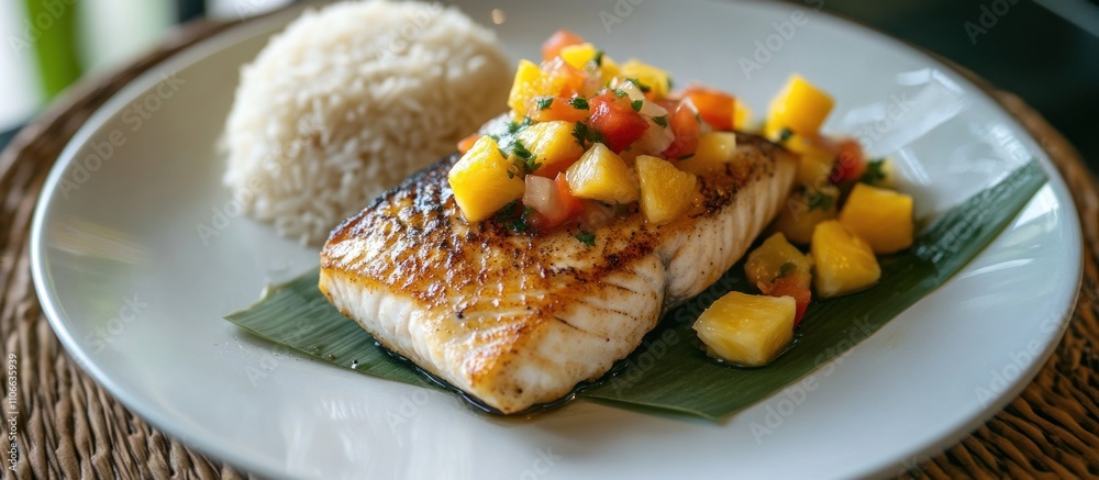 Grilled mahi-mahi fillet served with pineapple salsa and coconut-flavored rice Grilled mahi-mahi fillet served with pineapple salsa and coconut-flavored rice