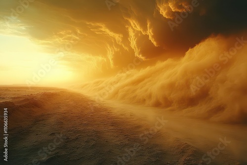 dust clouds swirling in a sandstorm over a vast desert, creating a dramatic and intense atmosphere that captures the raw power of nature