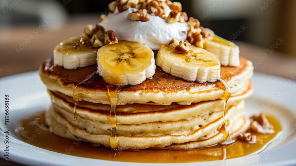 A mouthwatering stack of fluffy pancakes adorned with slices of ripe bananas, chopped walnuts, and a drizzle of maple syrup A mouthwatering stack of fluffy pancakes adorned with slices of ripe bananas, chopped walnuts, and a drizzle of maple syrup