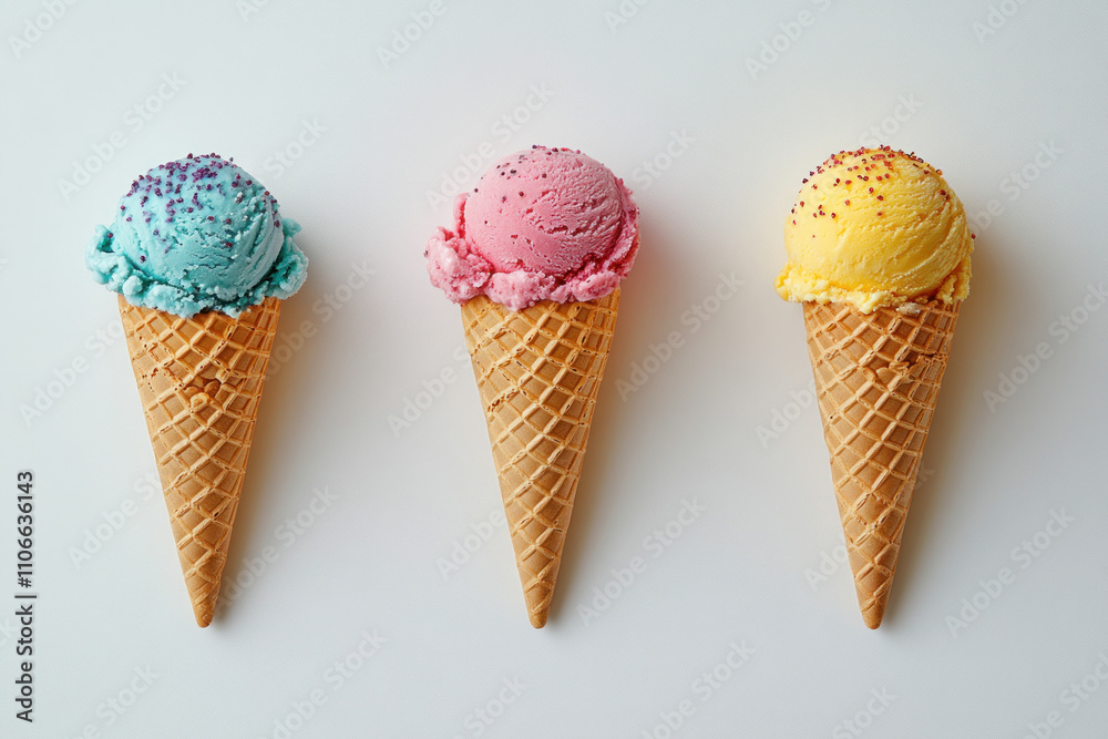 Three colorful ice cream cones. Three colorful ice cream cones.