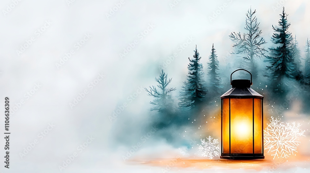 A glowing lantern surrounded by misty watercolor trees and delicate snowflakes, creating a festive and enchanting atmosphere. A glowing lantern surrounded by misty watercolor trees and delicate snowflakes, creating a festive and enchanting atmosphere.