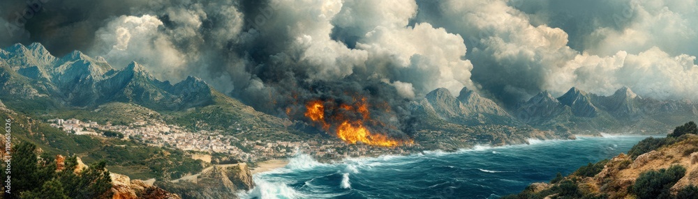 Obraz premium Dramatic Landscape of a Coastal Village Under Threat from Wildfire, Surrounded by Mountains and Dark Storm Clouds, Evoking a Sense of Urgency and Environmental Crisis