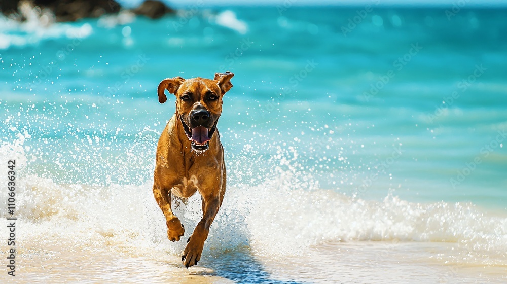 Happy Dog Running on the Beach, Summer Fun, Pet Joy Happy Dog Running on the Beach, Summer Fun, Pet Joy