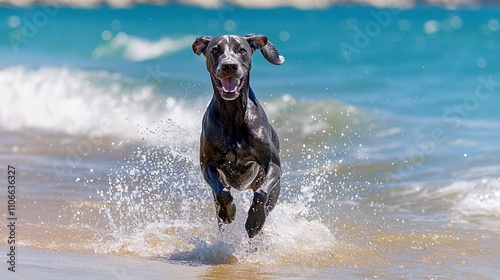 Happy Dog Running in Ocean Waves on Beach