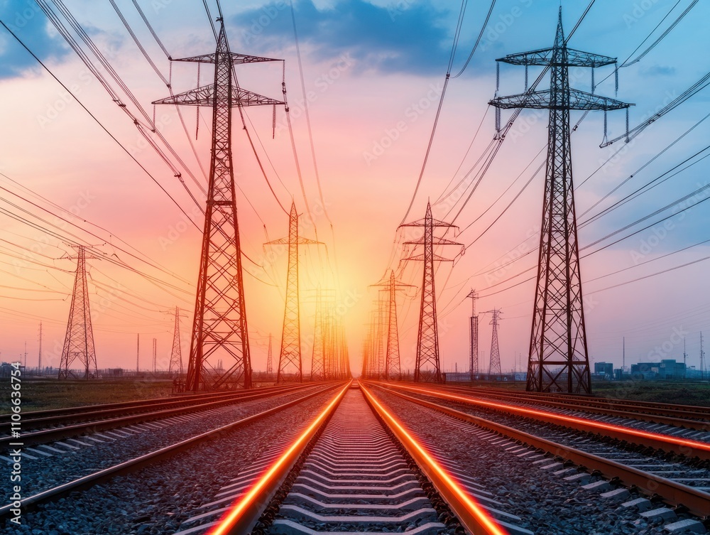 Sunset View of Power Lines Along Railway Tracks with Vibrant Orange and Blue Sky, Electric Towers and Tranquil Landscape in the Background Sunset View of Power Lines Along Railway Tracks with Vibrant Orange and Blue Sky, Electric Towers and Tranquil Landscape in the Background