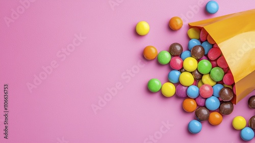 Colorful Candy Spills from Bag on Pink | Flat lay photography