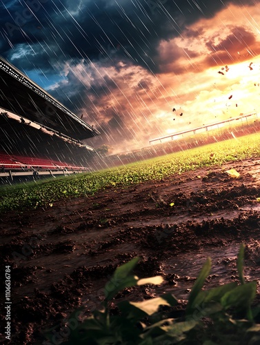 Empty Stadium Under a Rainy Sky.