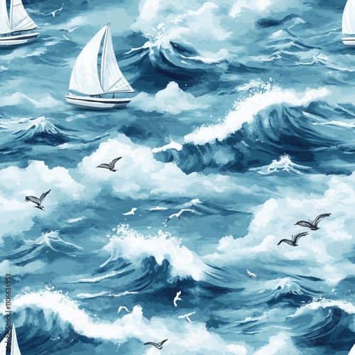 Seamless pattern featuring ocean waves, seagulls, and sailboats on a watercolor sea background