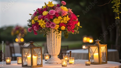 The table is adorned with an eyecatching centerpiece comprised of a tall auious floral arrangement bursting with bright pink and yellow blooms surrounded by glowing lanterns that photo