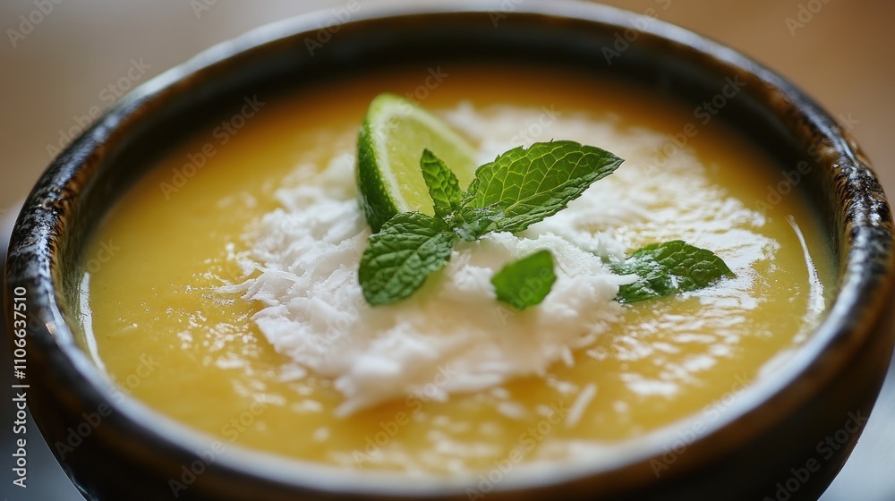 Passionfruit and lime soup with coconut foam and a sprig of mint, Passionfruit and lime soup with coconut foam and a sprig of mint,