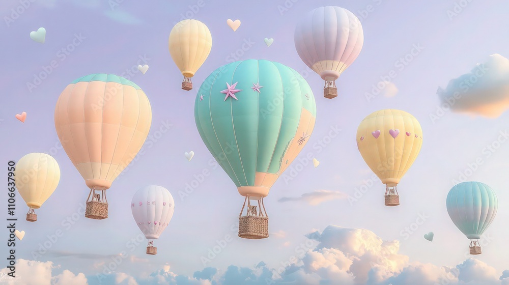 An enchanting sky full of pastel-themed hot air balloons, each decorated with panels in shades of peach, aqua, lavender, and lemon yellow. An enchanting sky full of pastel-themed hot air balloons, each decorated with panels in shades of peach, aqua, lavender, and lemon yellow.