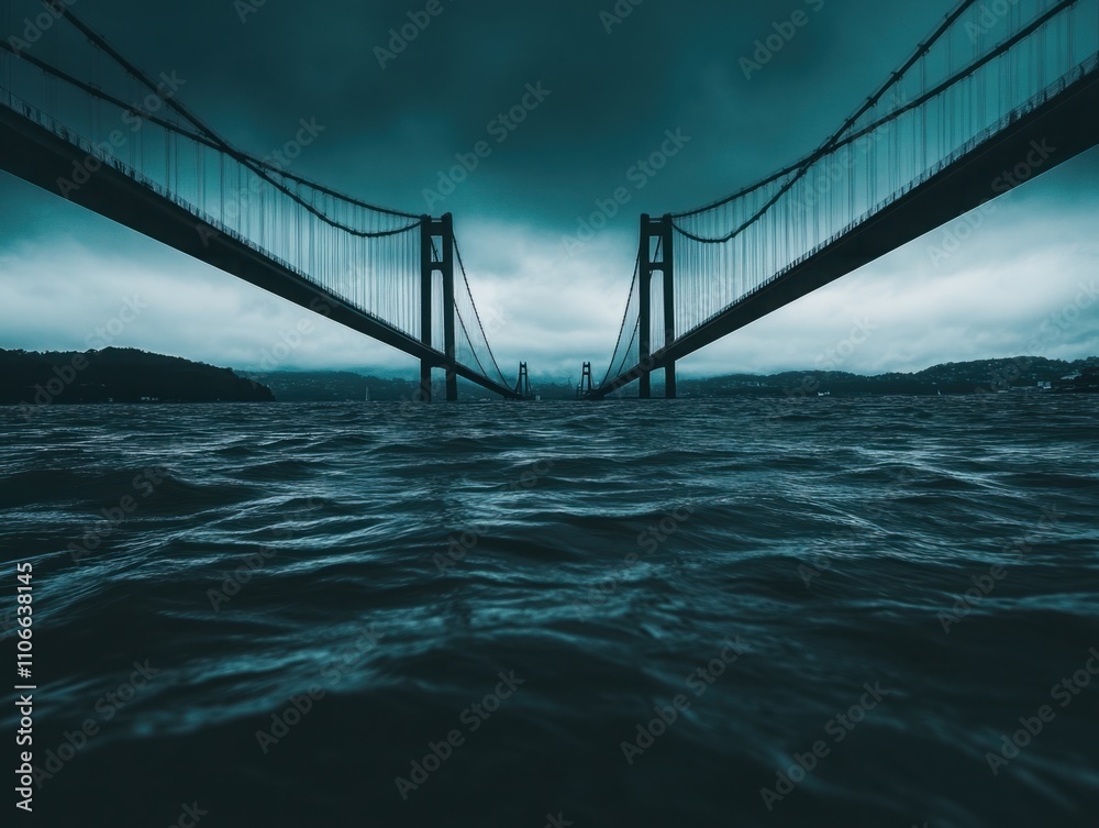 Dramatic View of a Bridge Over Choppy Water Understormy Skies with Dark Clouds and Mystical Atmosphere Capturing Nature's Raw Power and Beauty Dramatic View of a Bridge Over Choppy Water Understormy Skies with Dark Clouds and Mystical Atmosphere Capturing Nature's Raw Power and Beauty