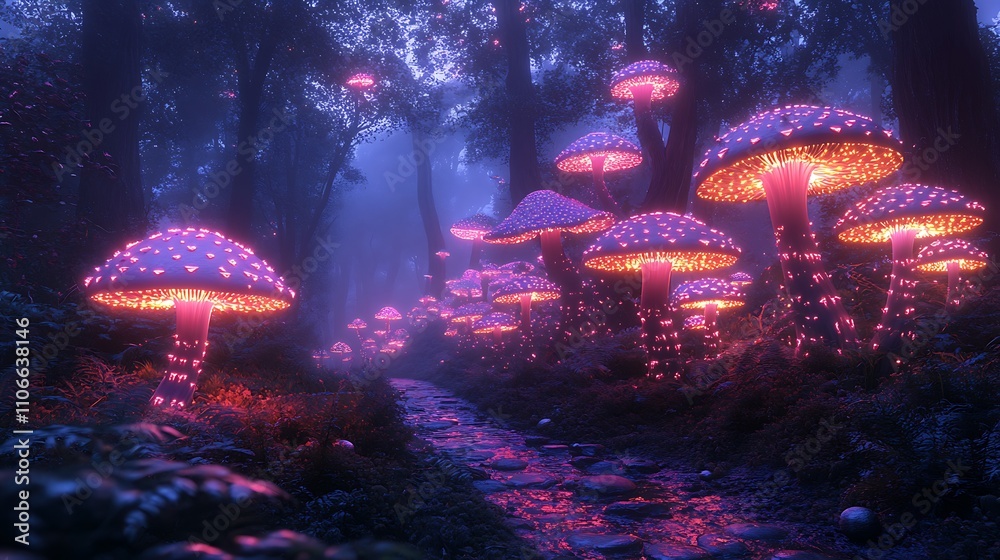 Radiant neon mushrooms illuminating a foggy woodland atmosphere Radiant neon mushrooms illuminating a foggy woodland atmosphere