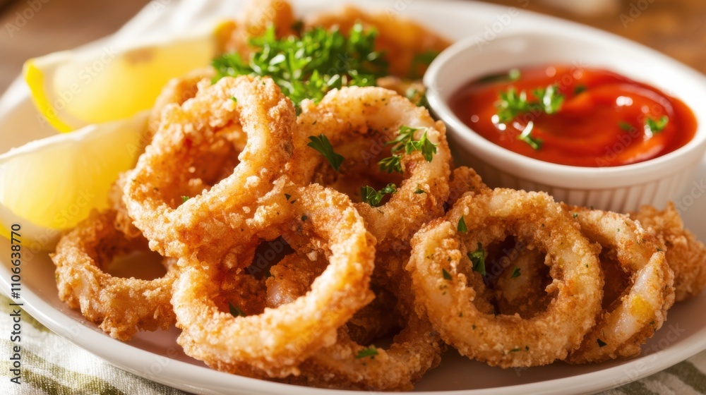 A plate of crispy calamari rings served with marinara sauce and lemon wedges, Calamari plate centered, Soft natural light highlighting its golden-brown coating A plate of crispy calamari rings served with marinara sauce and lemon wedges, Calamari plate centered, Soft natural light highlighting its golden-brown coating
