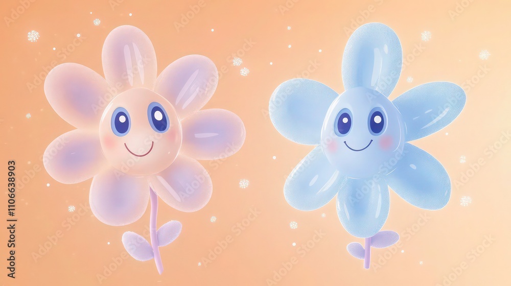 Two charming cartoon flowers, one in soft lavender and the other in sky blue, float gracefully against a warm peach-pink background. Two charming cartoon flowers, one in soft lavender and the other in sky blue, float gracefully against a warm peach-pink background.