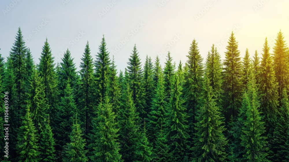 Lush Evergreen Forest with Vibrant Green Trees and Sunlight Glow Lush Evergreen Forest with Vibrant Green Trees and Sunlight Glow